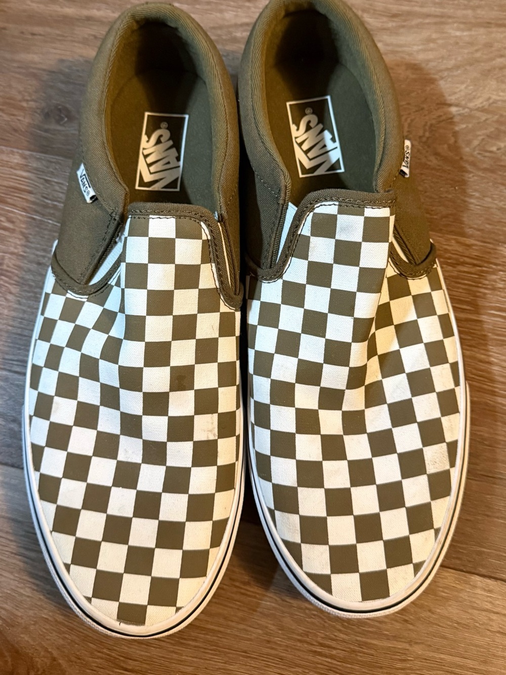 Vans Men's Checkerboard Slip-On Sneakers in Olive and White